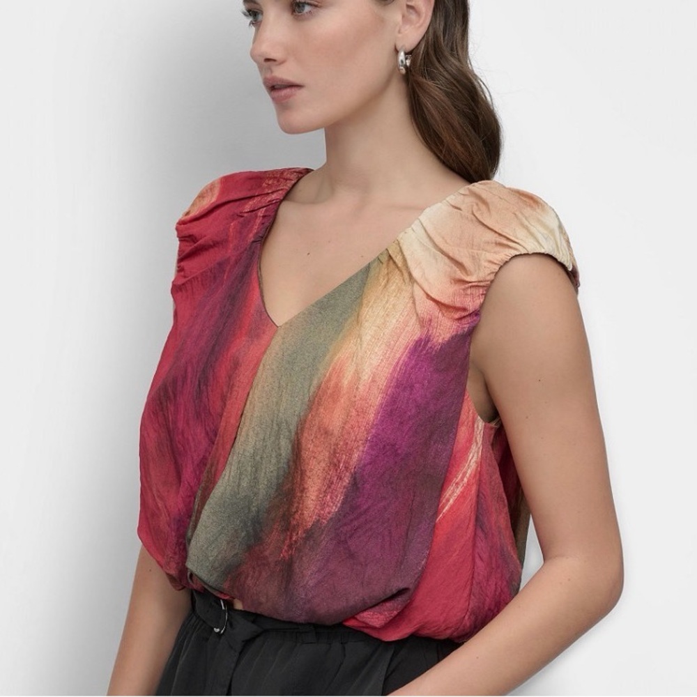 DKNY Red and Beige V-Neck Blouse - Picture 3 of 10